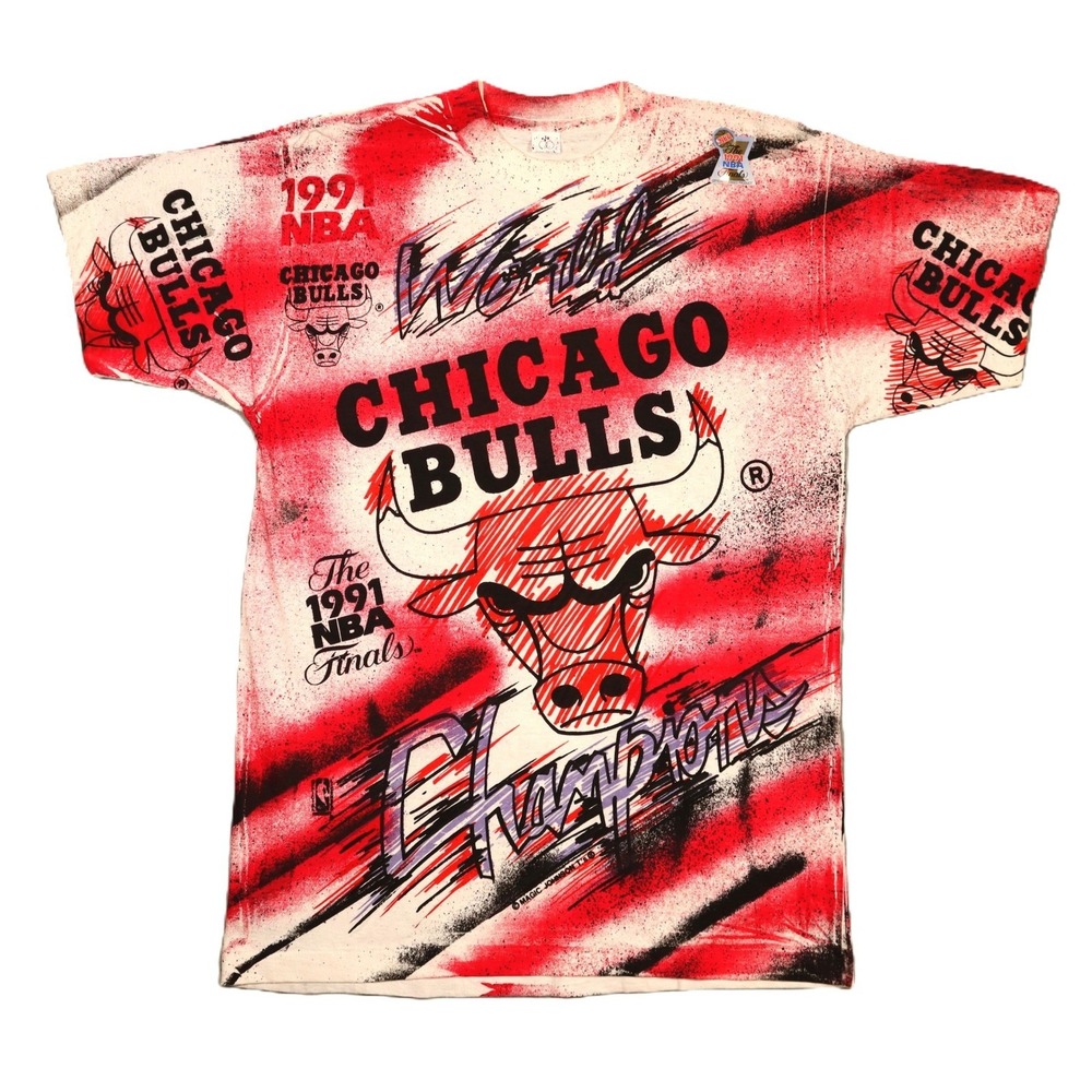 Magic Johnson Ts Chicago Bulls T Shirt Mens L Red All Over Print 1991 NBA Finals